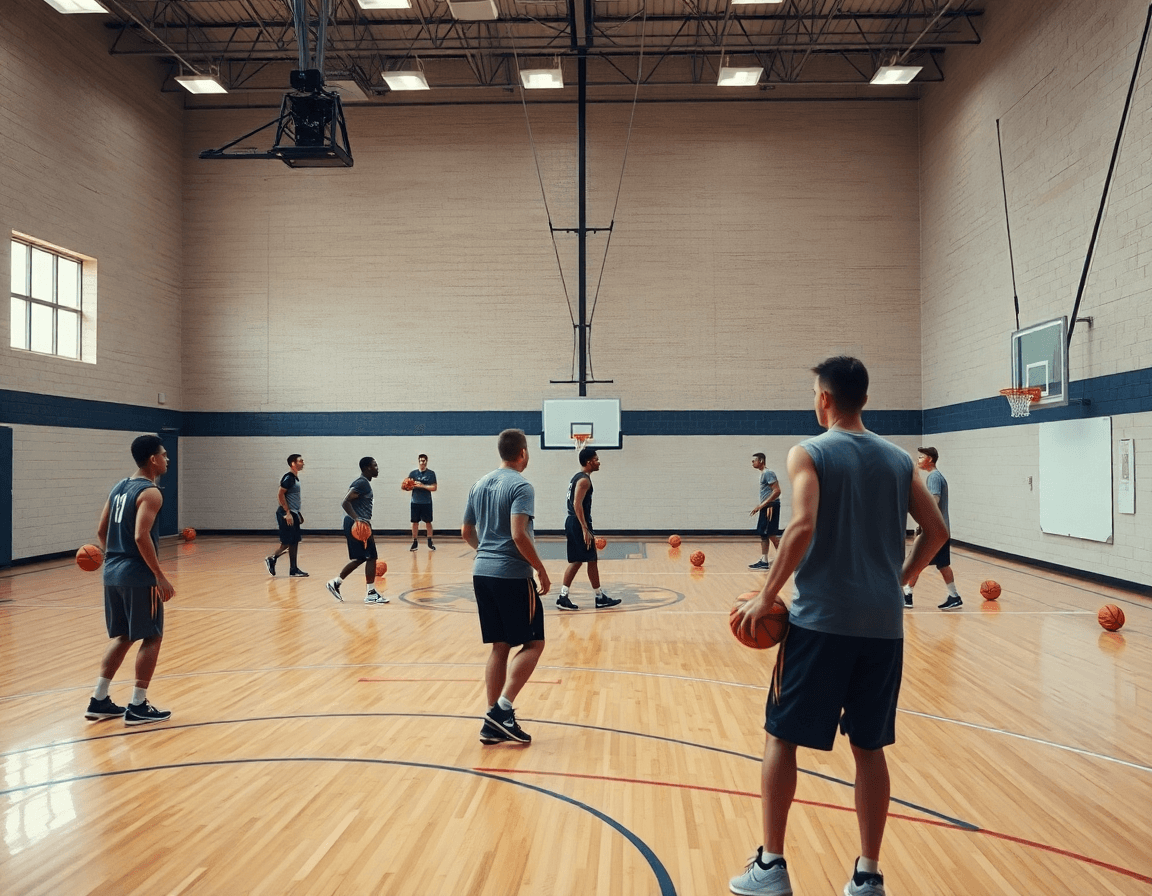 Scena ampia in palestra di basket: l'allenatore vicino alla lavagna pianifica esercizi passaggio e tiro basket per la settimana.