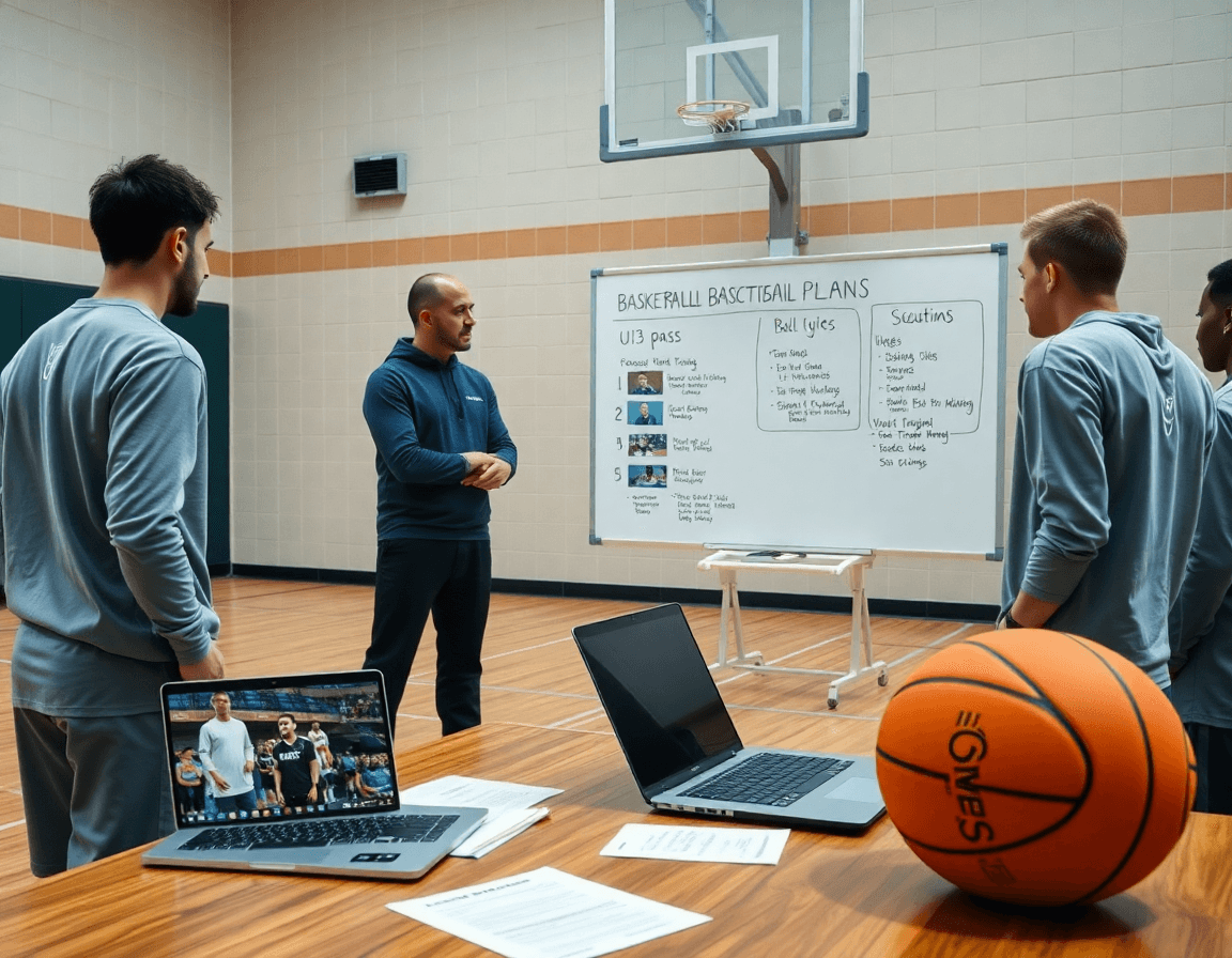Allenamento settimanale di esercizi passaggio U13 basket, coach spiega piano e mostra clip video