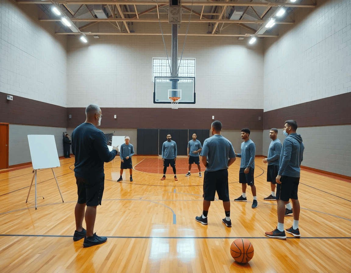 Scena ampia in palestra di basket durante allenamento, coach con lavagna e squadra che eseguono passaggi