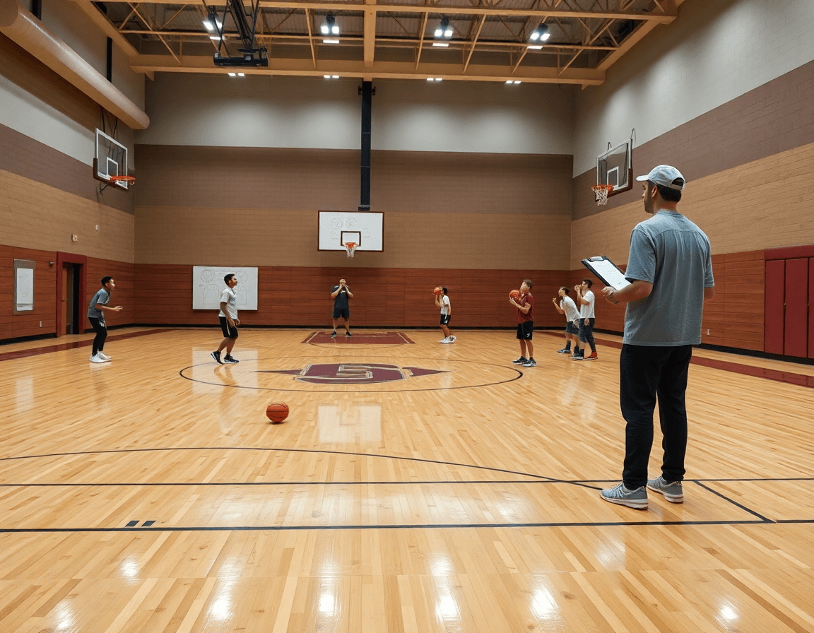 Coach guida una sessione di esercizi per migliorare tiro basket in palestra, squadra al lavoro.