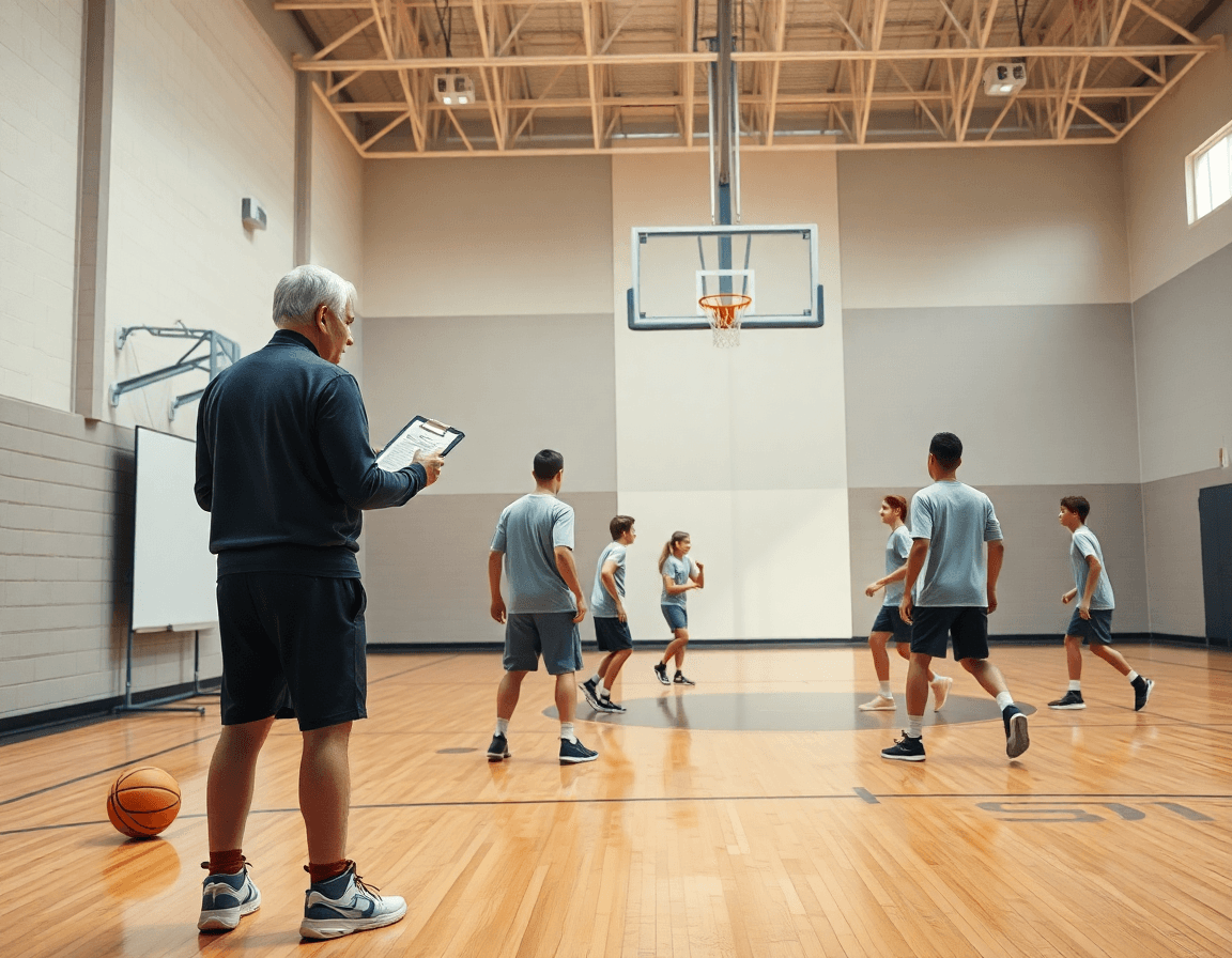 Scena ampia di una palestra di basket: coach con clipboard guida esercizi per minibasket durante una sessione.