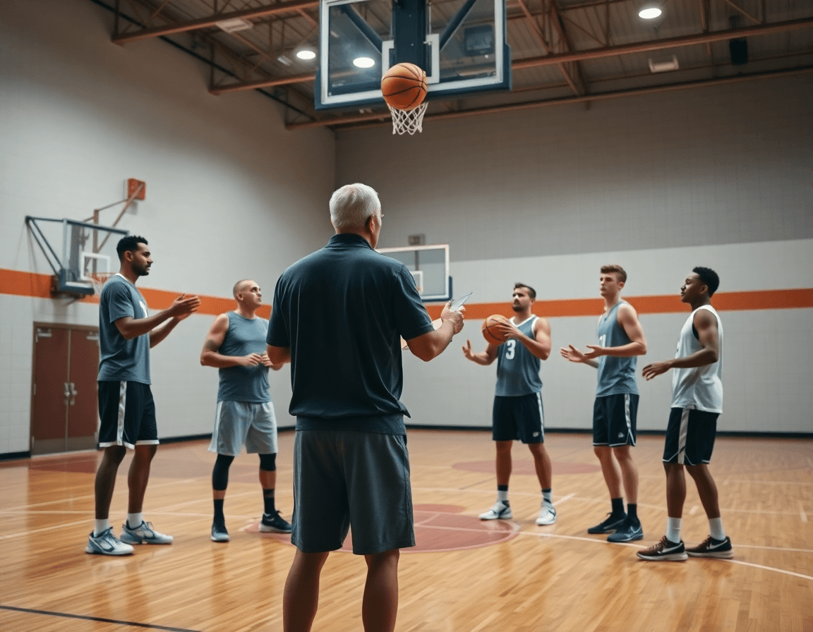 Allenatore con clipboard guida esercizi per passaggio basket durante la settimana di allenamento.