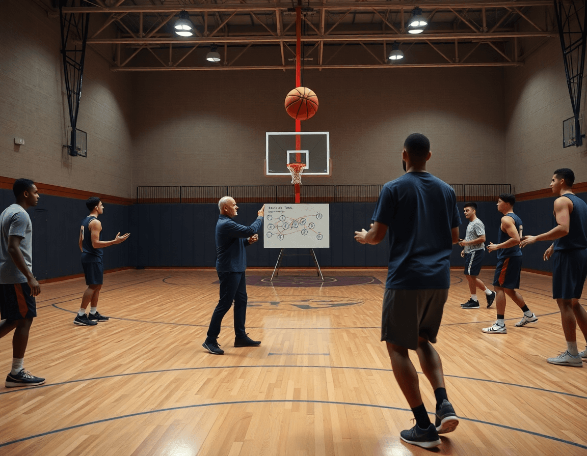 Allenatore mostra progressioni di passaggio e tempi di rilascio mentre i giocatori praticano basketball.
