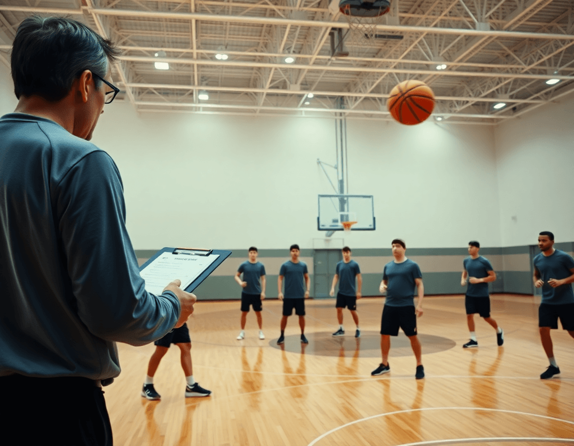 Vista ampia di palestra di basket: allenatore guida esercizi per passaggio basket durante la sessione di squadra.