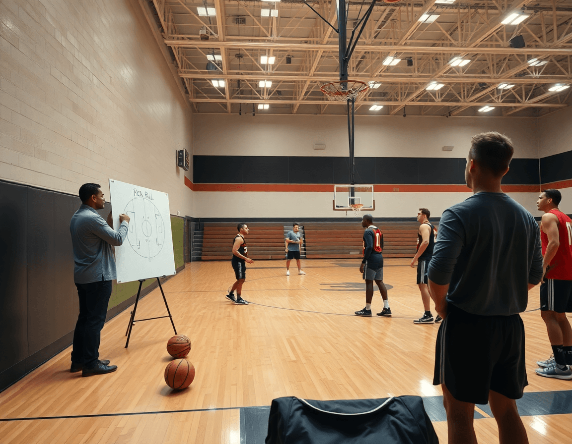 Coach mostra esercizi pick and roll basket sulla lavagna tattica mentre i giocatori osservano attentamente.