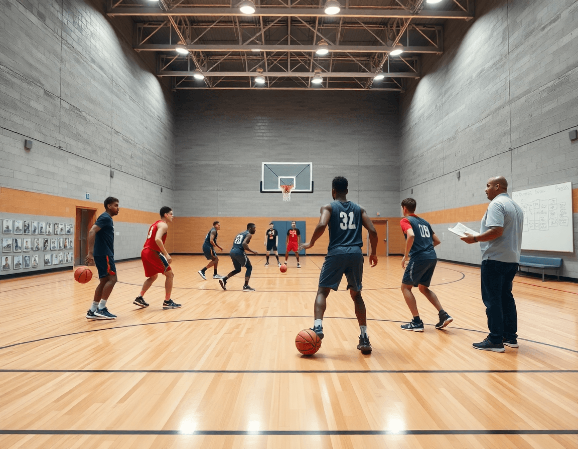 Il coach guida esercizi pick and roll basket nella palestra, giocatori passano una palla arancione.