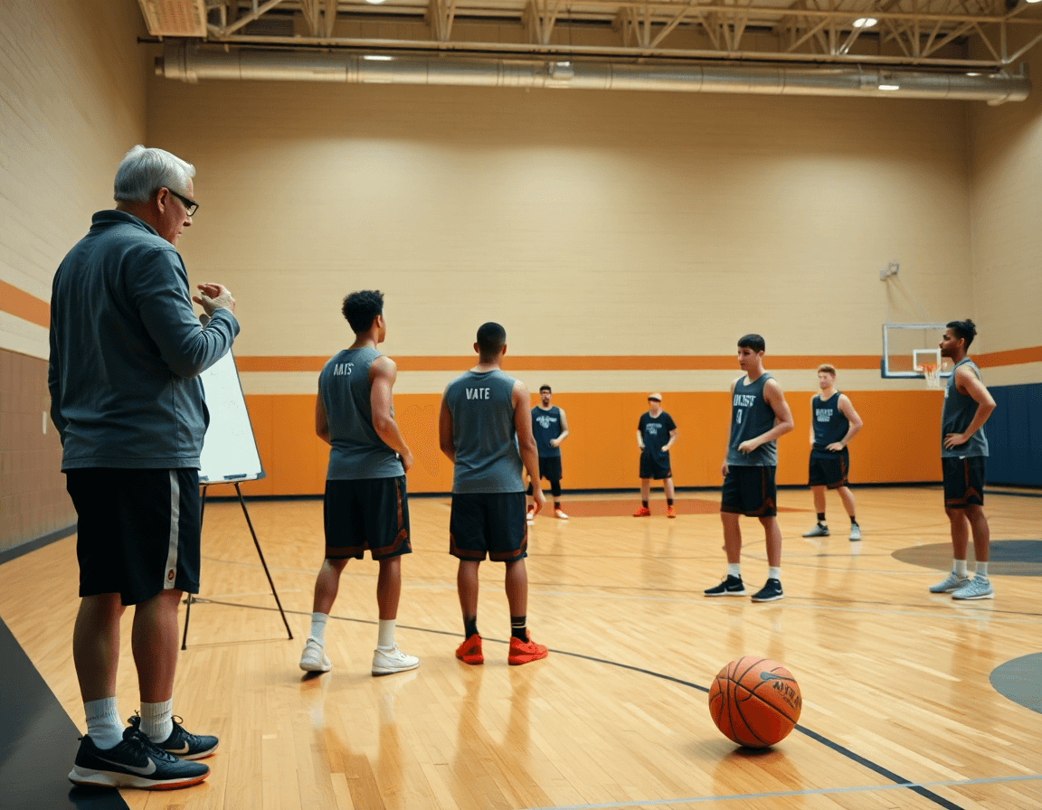 Allenatore mostra difesa post basso durante sessione di basketball in palestra.