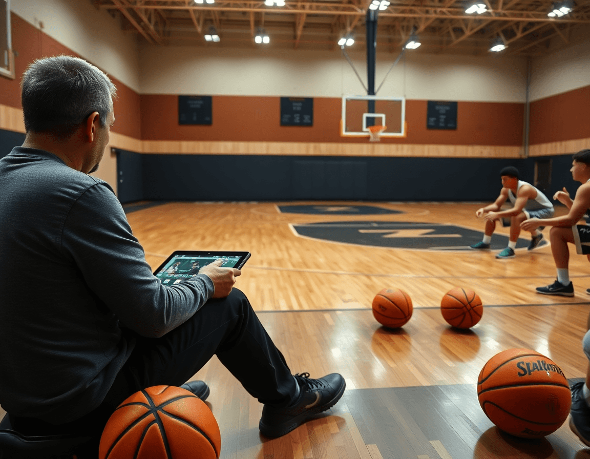 Allenatore guarda video clip di basket per migliorare difesa post basso basket.