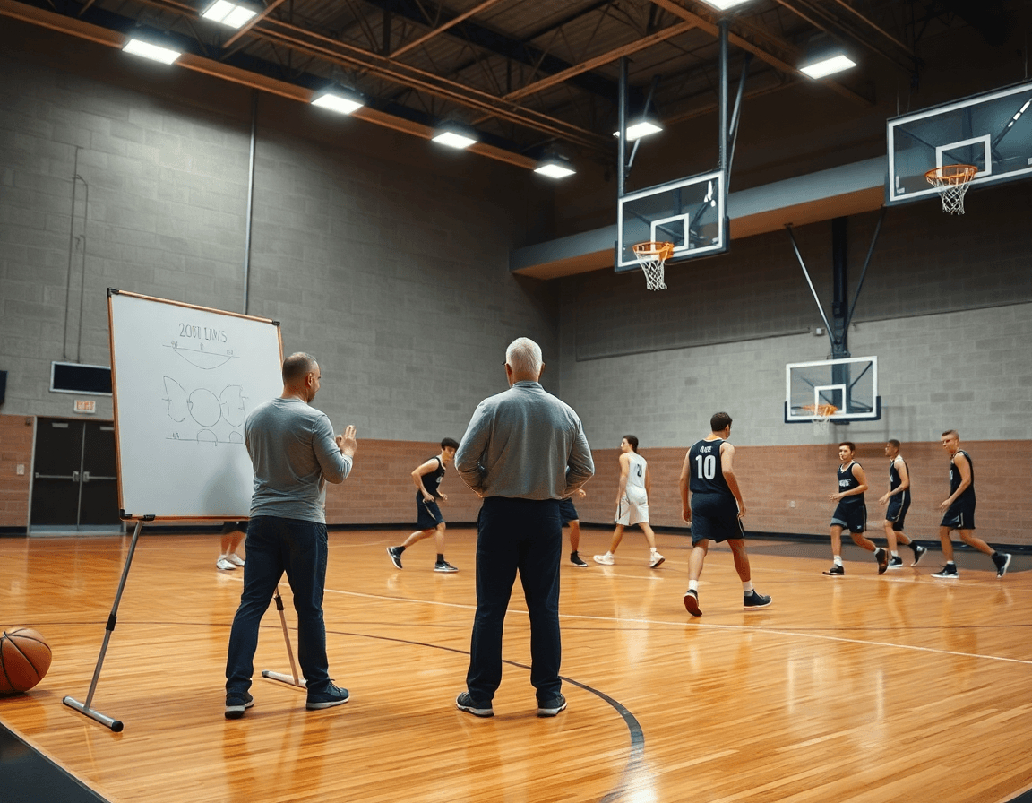 Allenatore in palestra di basket guida esercizi post basso basket durante una sessione di squadra.