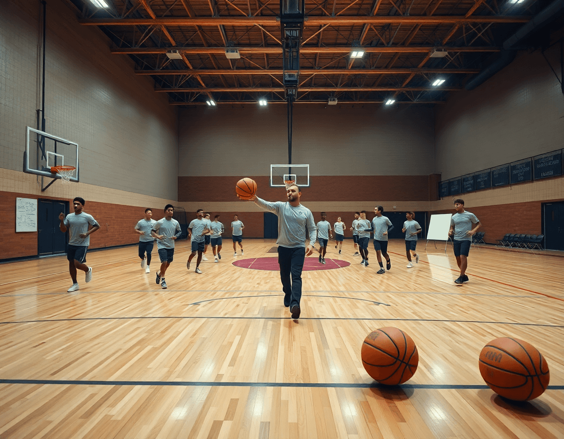All'inizio della settimana, coach scrive gli esercizi di riscaldamento per basket sul whiteboard.