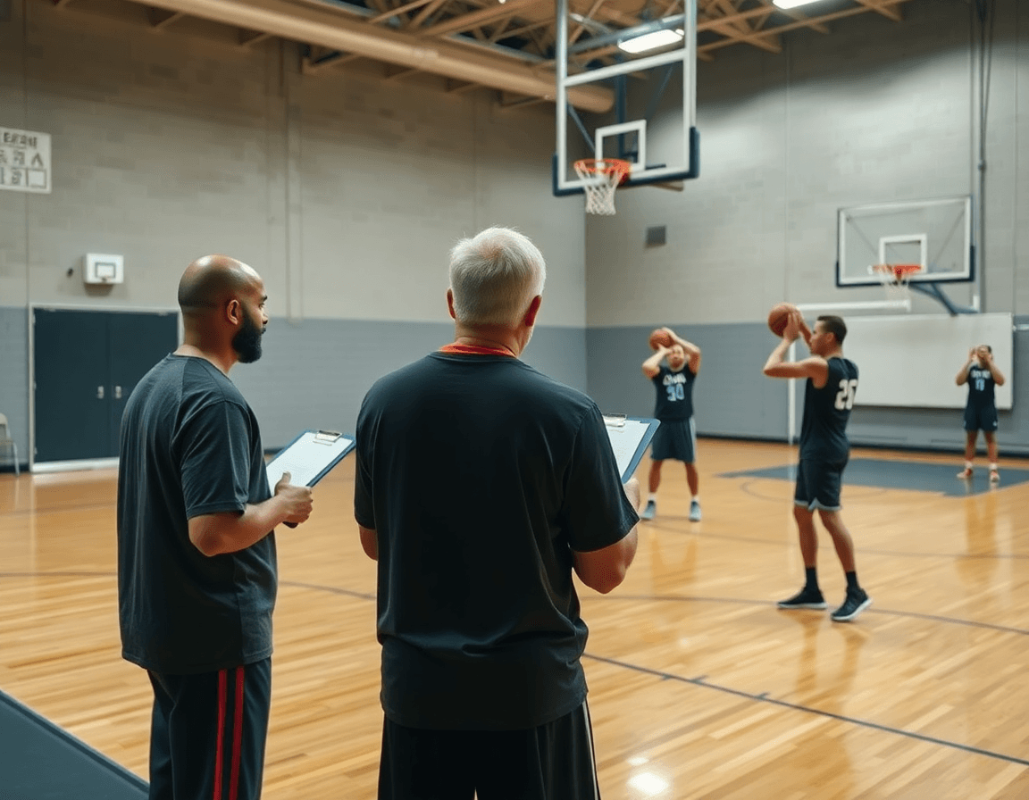 Scena di palestra di basket: esercizi tecnica di tiro basket in palestra, coach con lavagna e giocatori concentrati.