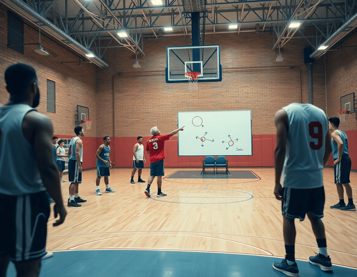 Interno di una palestra di basket: tavola tattica mostra schemi di tiro, esercizi tecnica di tiro basket.