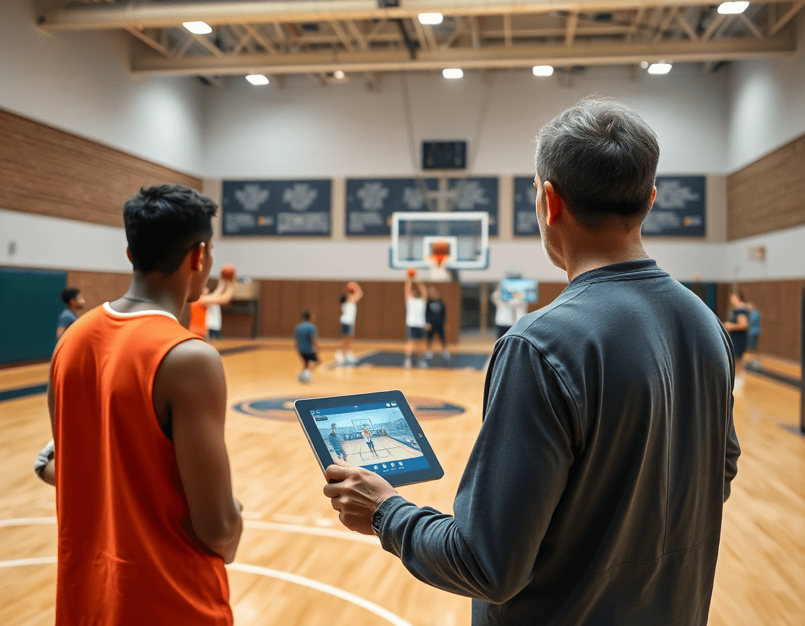 Scena interna di una palestra di basket: video e feedback guidano esercizi tecnica di tiro basket.
