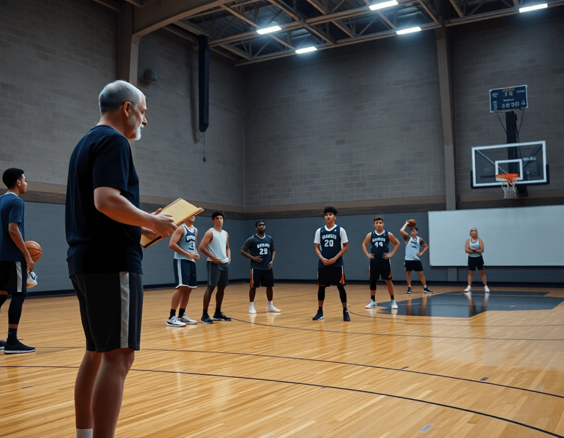 Allenamento di tiro basket: esercizi tecnica di tiro basket in palestra, coach con lavagna e giocatori concentrati.