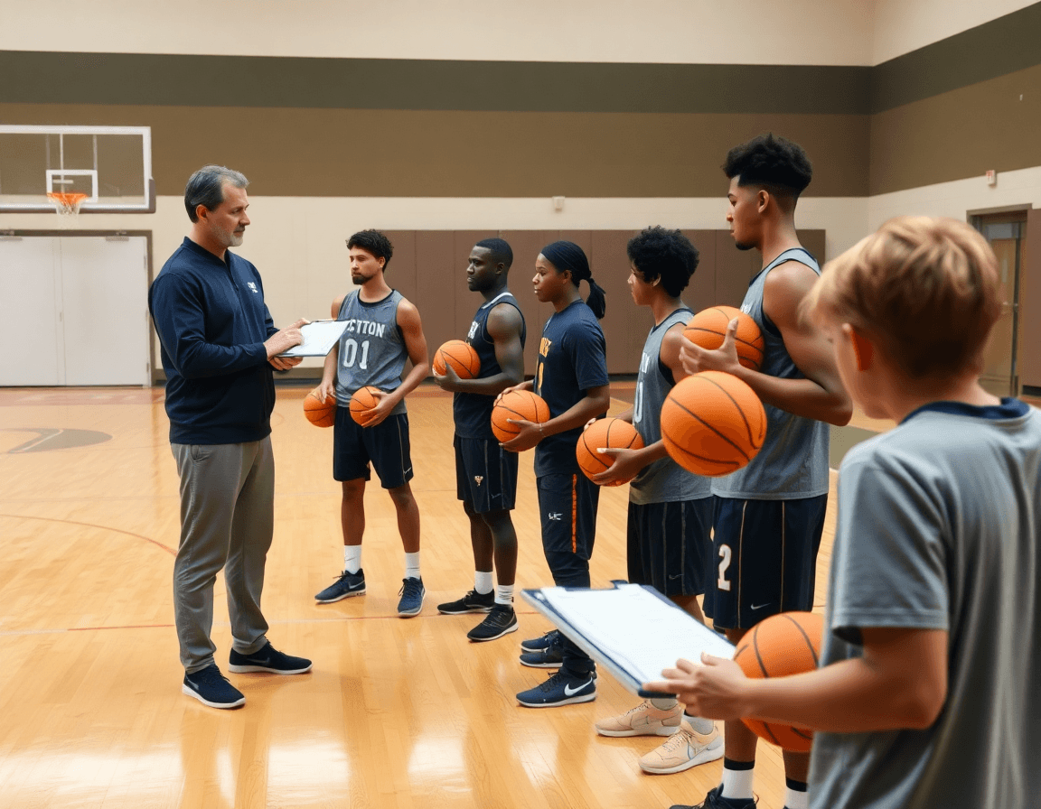 Allenatore e giocatori in palestra di basket mentre praticano esercizi tiro basket e misurano l'efficacia.