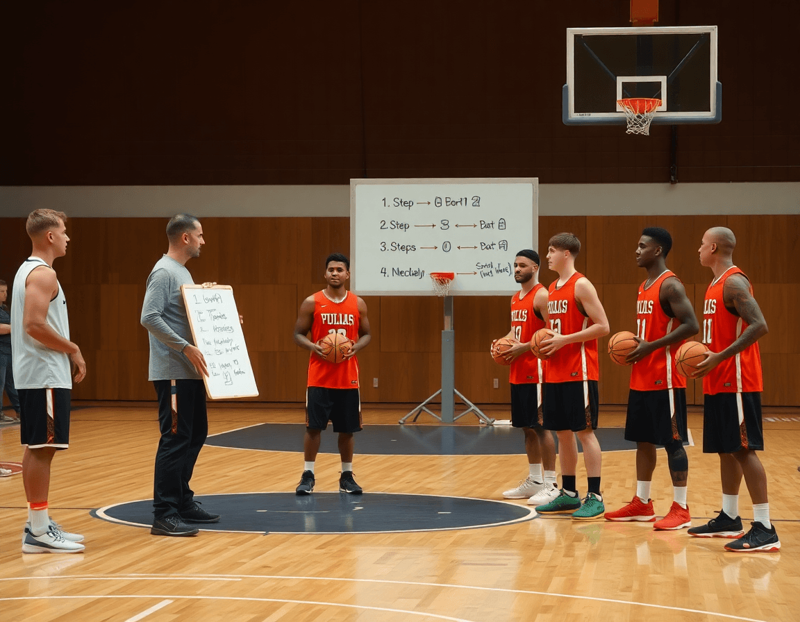 Scena su palestra: allenatore spiega i cinque passi degli esercizi tiro basket usando una lavagna mobile.