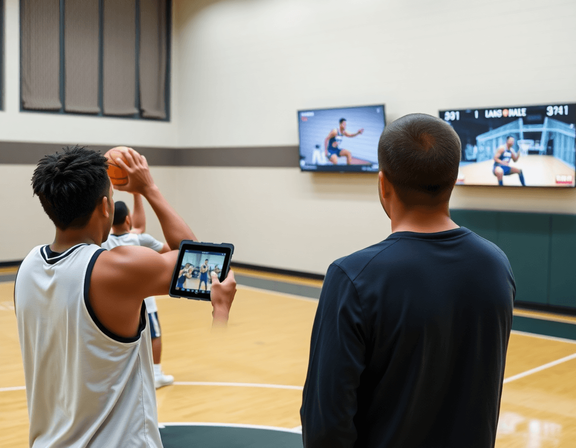 Giocatori eseguono una serie di tiri mentre si guarda una clip di esercizi tiro basket sul tablet.