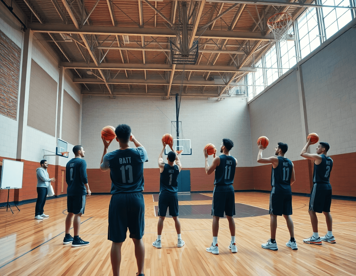 Scena ampia in palestra di basket: coach con lavagna tattica guida una sessione di esercizi tiro basket.