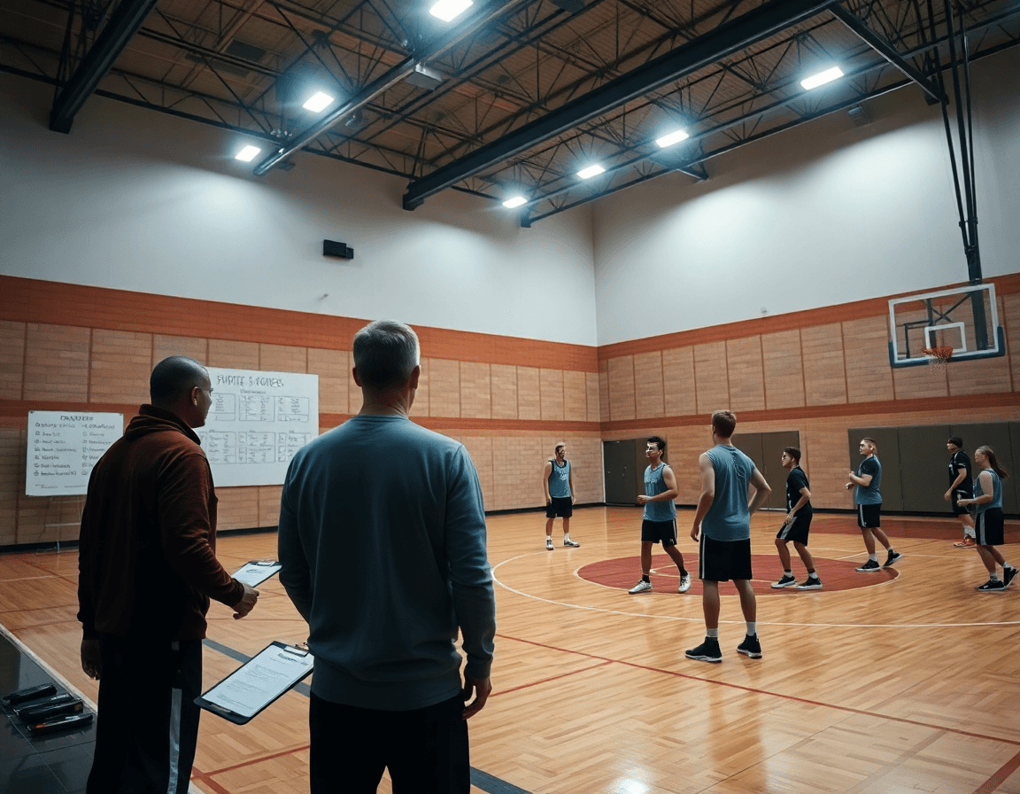 Allenatore e squadra in palestra mentre pianificano esercizi tiro basket pdf per la settimana.