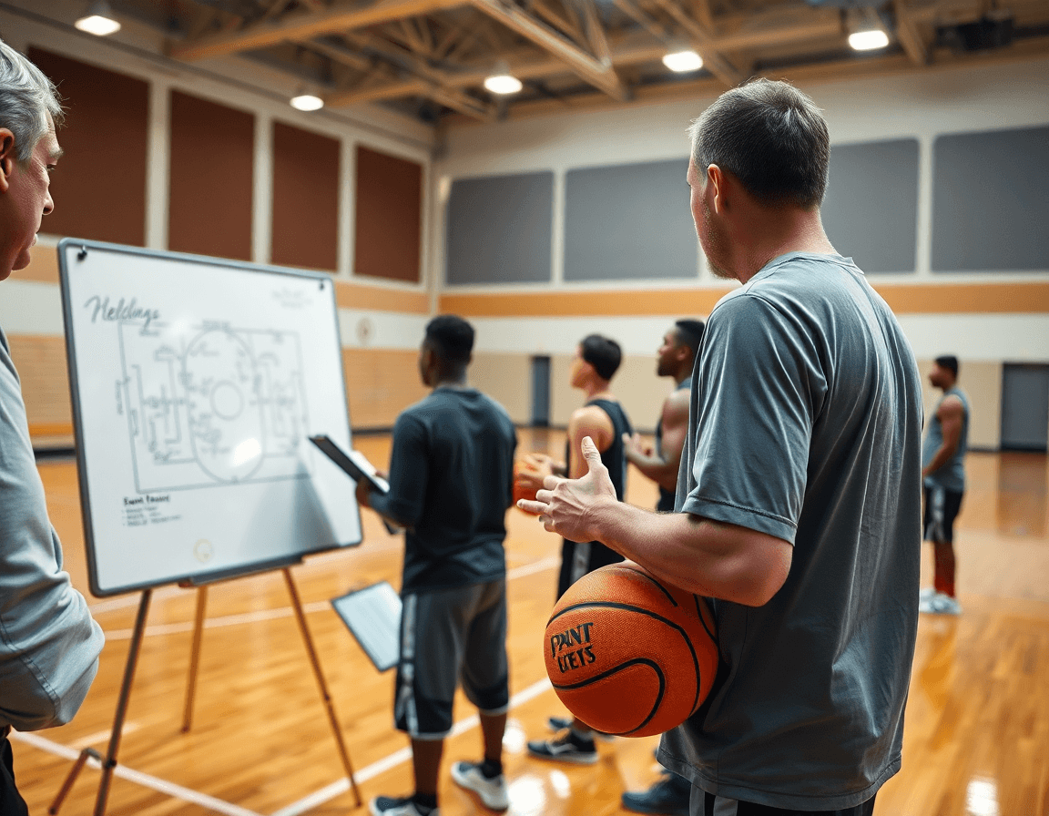 Primo piano sull'allenatore con clipboard: spiegazione di esercizi di tiro basket senior.