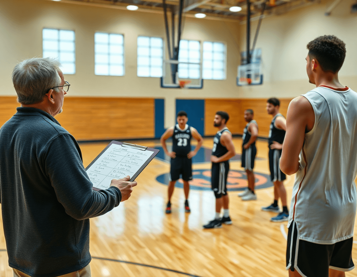 Scena: coach legge scouting notes per esercizi di tiro basket senior e contrasta con gioco.