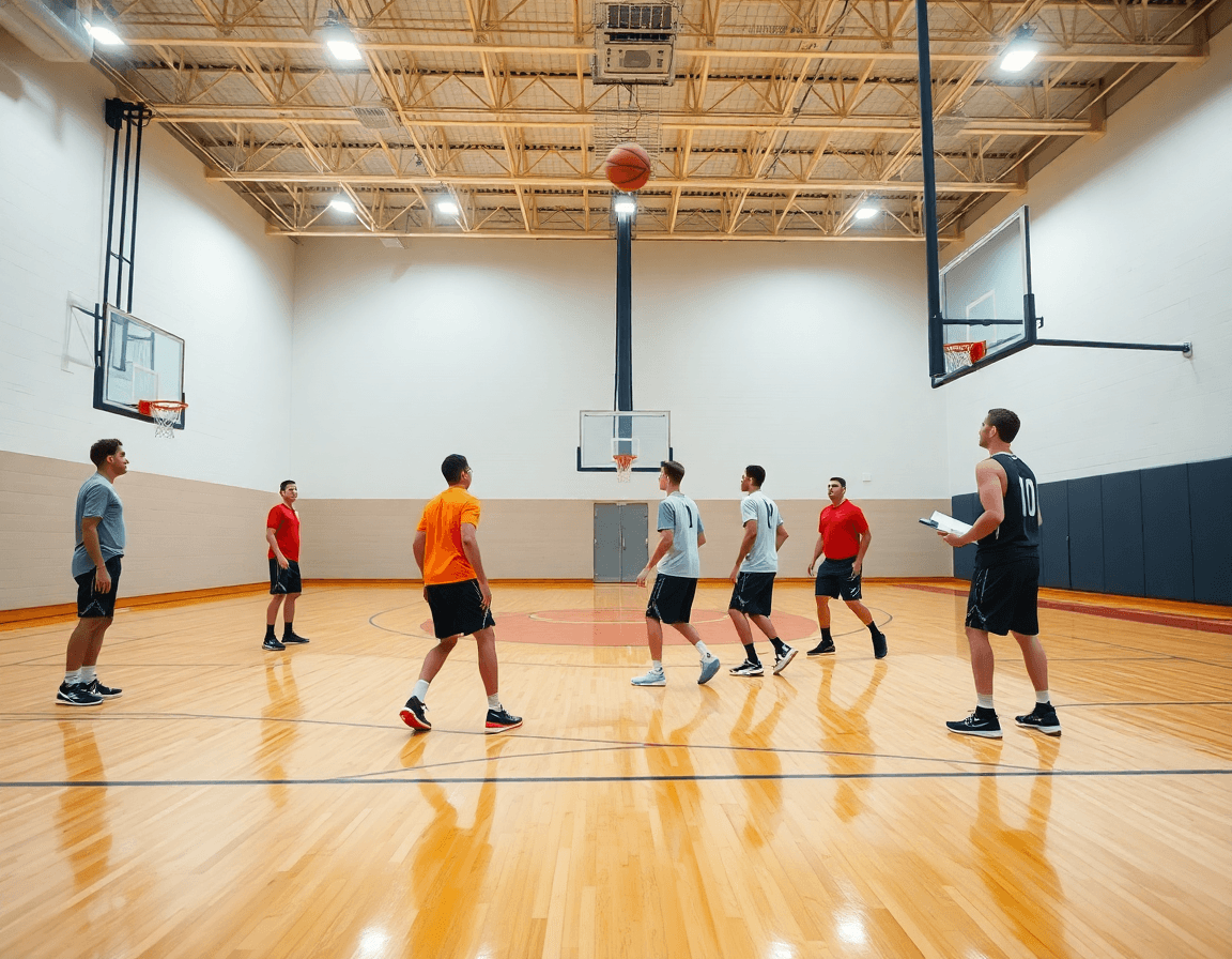 Scena ampia di palestra di basket senior: allenatore guida esercizi di tiro basket senior sul parquet.
