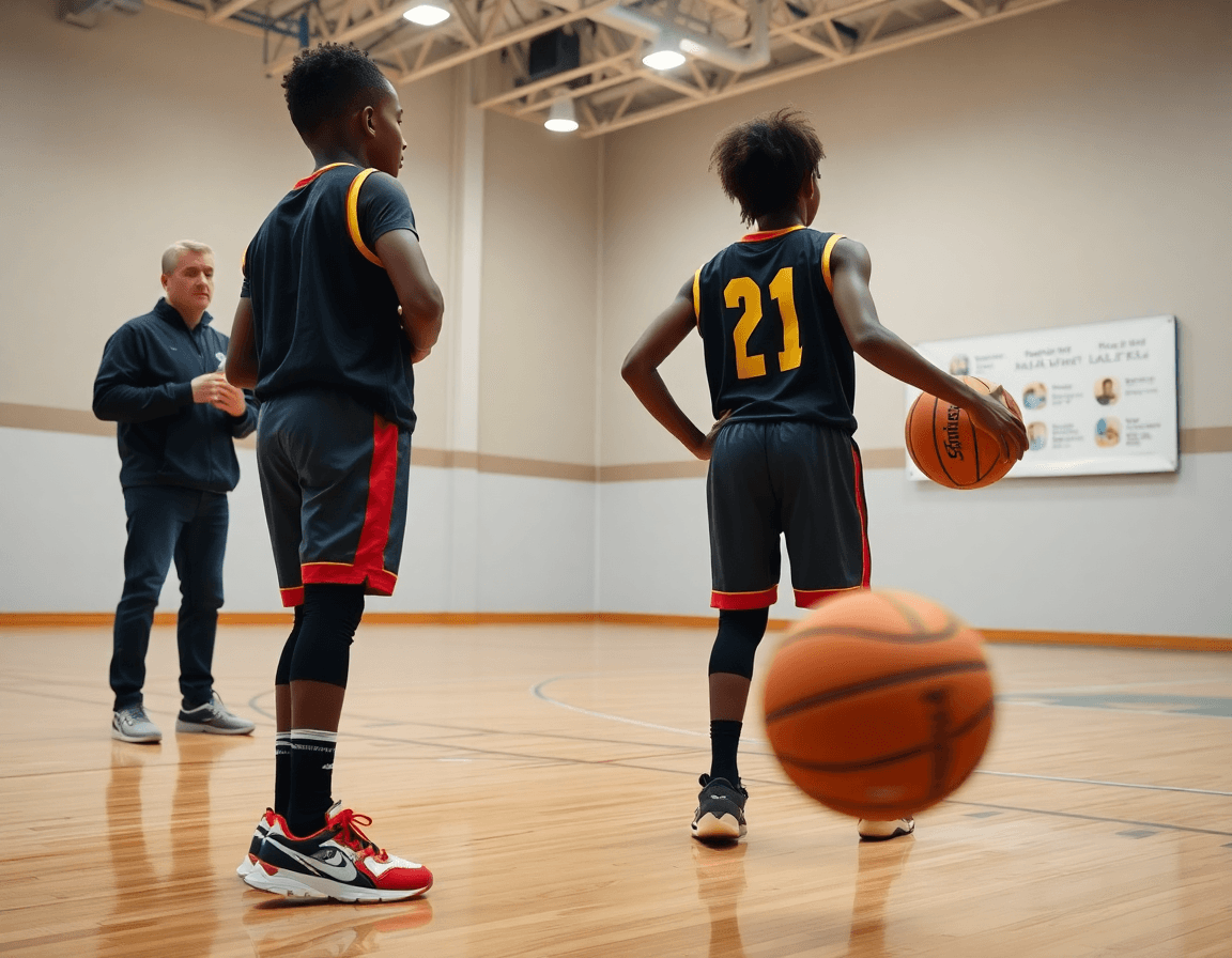Close-up of under-14 basketball players practicing basketball shooting drills in a bright gym.