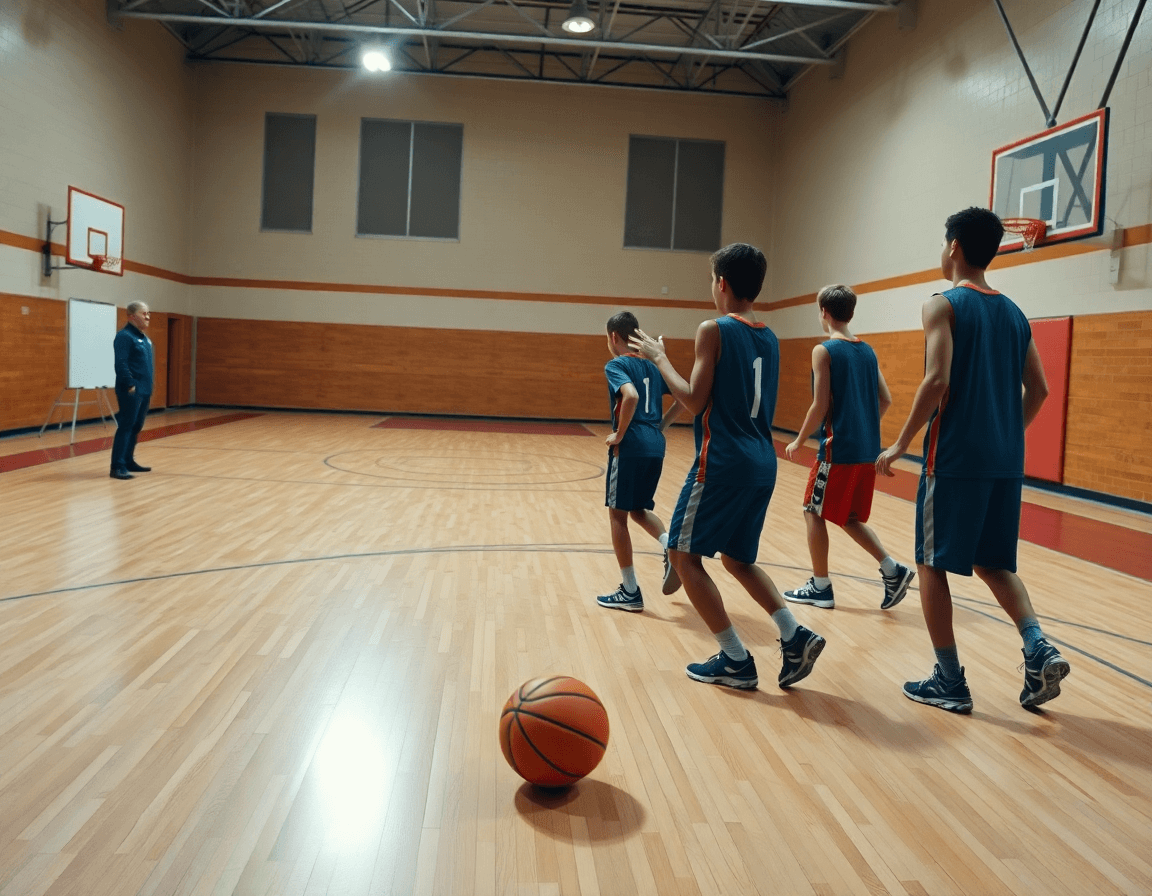 Mid-shot showing under-14 basketball players refining basketball shooting technique on a hardwood basketball court.