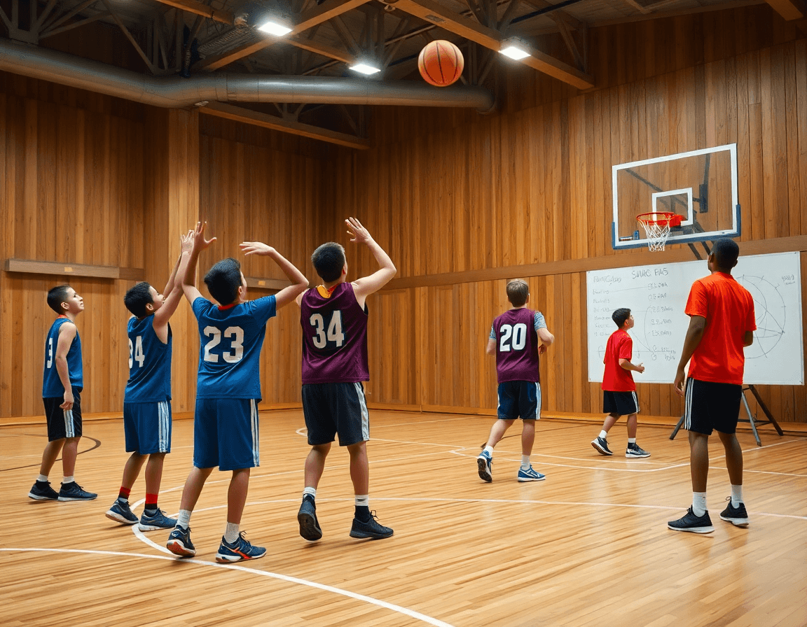 Dynamic action shot of under-14 basketball players practicing basketball three-point shots on a wooden court.