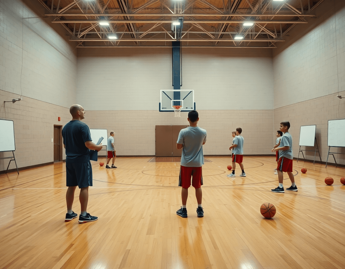 Wide shot of a basketball practice showing under-14 shooting drills on a hardwood basketball court.
