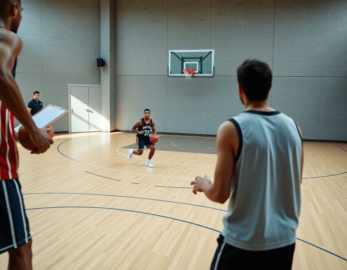 Close-up of a player dribbling a basketball during a tight drill on the hardwood.