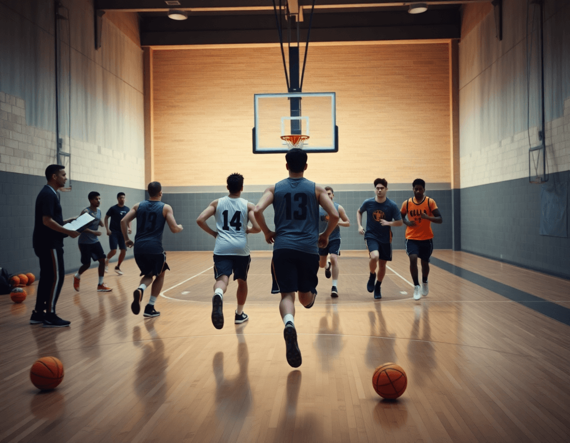 Wide view of players sprinting a fast break toward the basketball hoop with coach supervising.