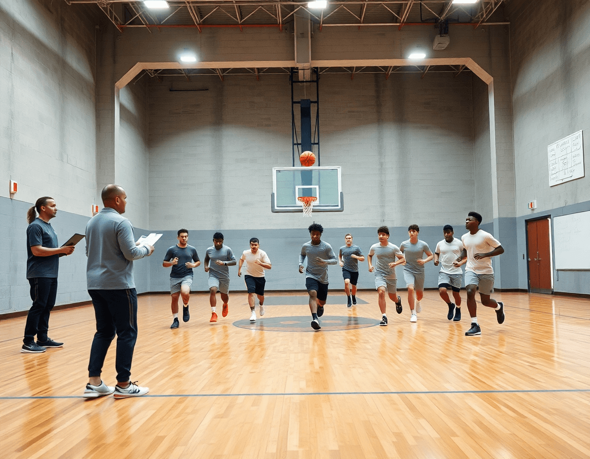 Wide cinematic shot of a basketball team practicing a running shooting drill.