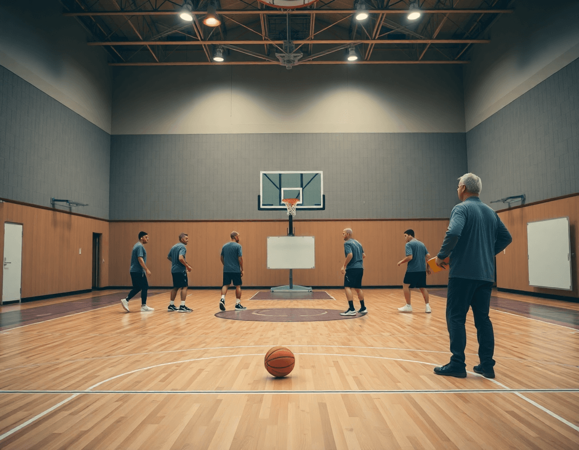 Allenatore guida esercizi tiro basket squadra durante l'allenamento in palestra, evidenziando il basketball.