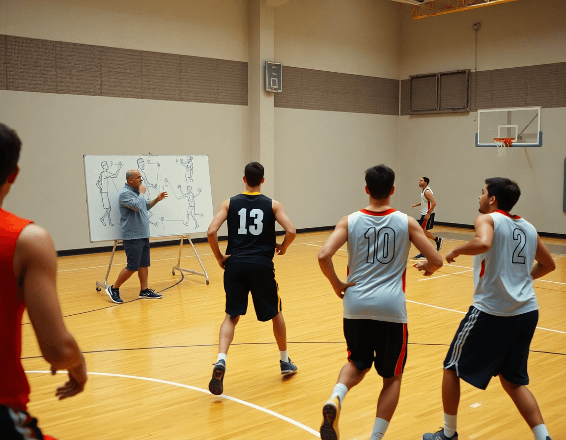 Disegnare azioni di allenamento: coach indica movimenti su lavagna tattica durante l'allenamento di basket.