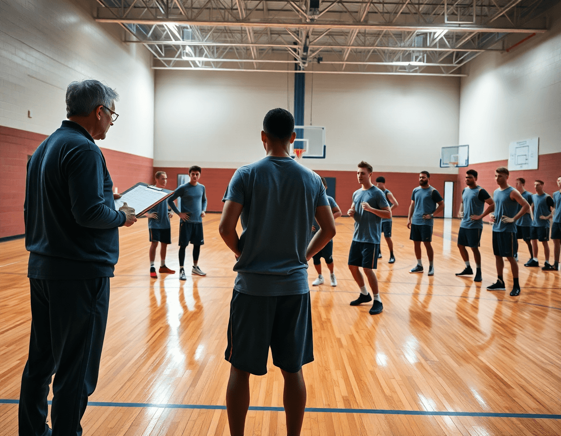 Scena ampia di basket: esercizio nikolic basket guidato da un coach sul parquet.