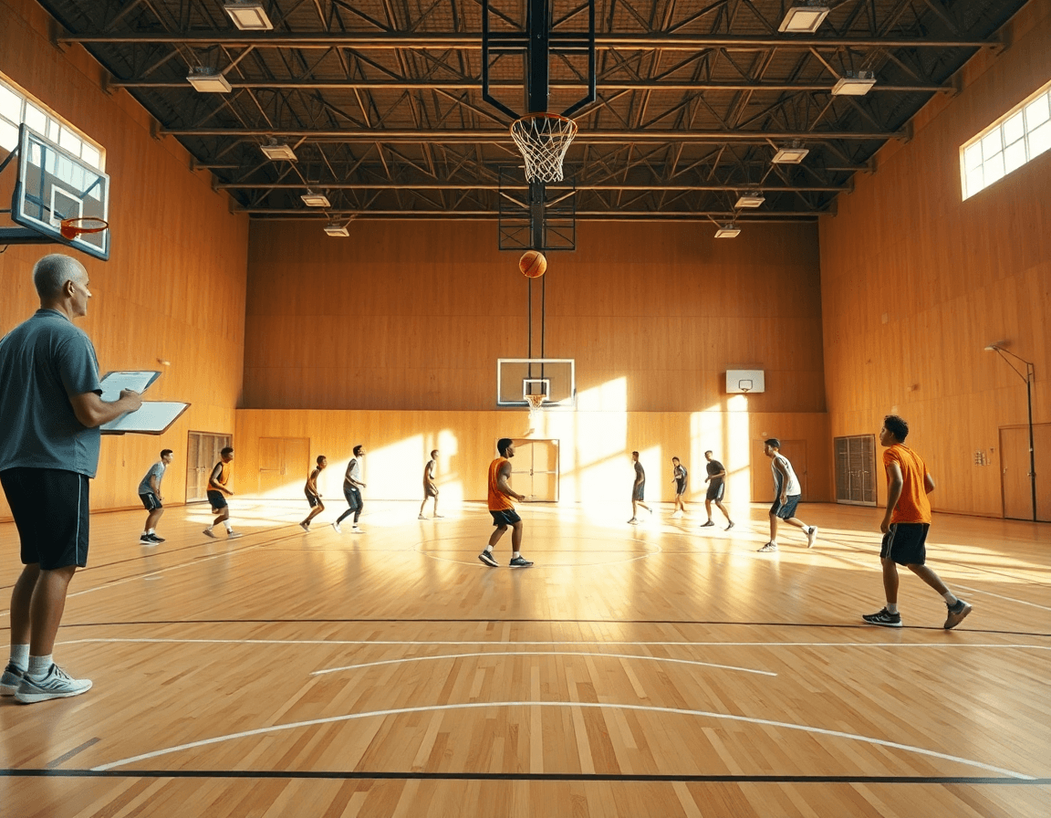 Scena ampia in una palestra di basket: coach guida l'esercizio riscaldamento basket.
