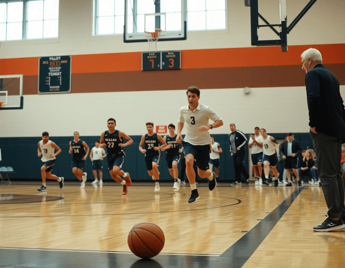 Full-court drill with players sprinting into a basketball play, coach shouting from the sideline, fip corso allenatore minibasket.