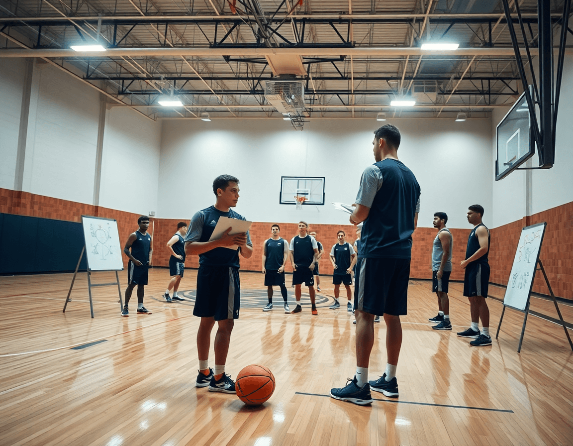 Vista ampia di una palestra di basket con coach e squadra, fip corso allenatore minibasket.