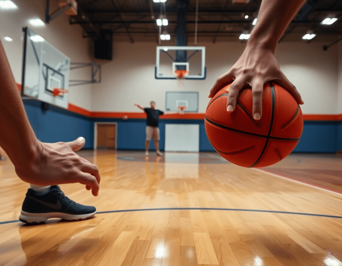 Mani su una pallone arancione durante flex basket, primo piano su palestra di basket.