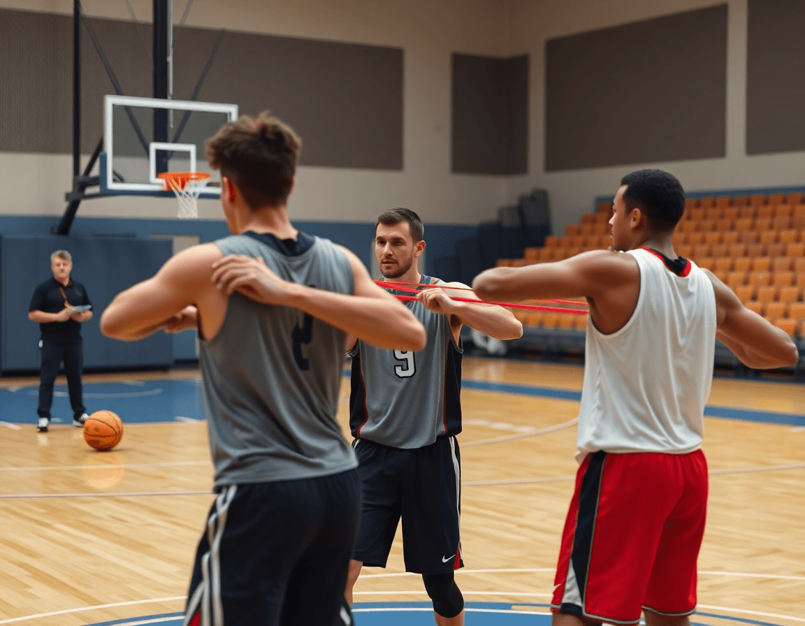 Tre giocatori eseguono drill con fasce resistive nel flex basket sul campo di basket; coach al margine dirige.