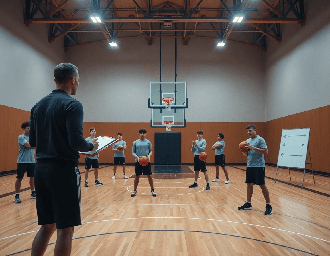 Ripresa ampia di flex basket: cinque giocatori con fasce resistive in una palestra di basket.