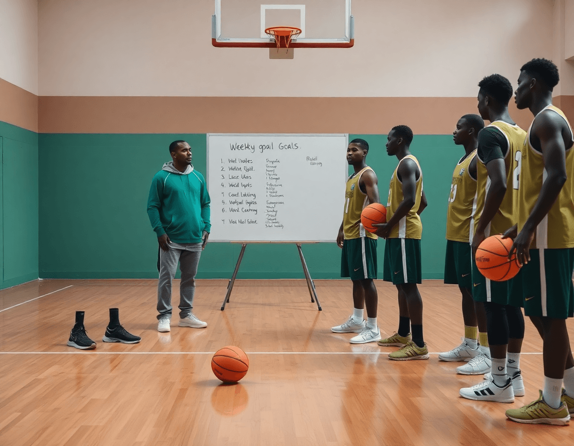 Primo piano di basket u16 mali cote d ivoire durante la discussione di obiettivi settimanali in palestra.