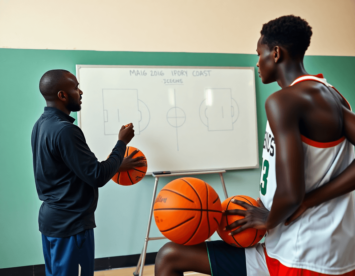 Allenatore spiega una giocata di basket u16 mali cote d ivoire mentre due giocatori osservano.