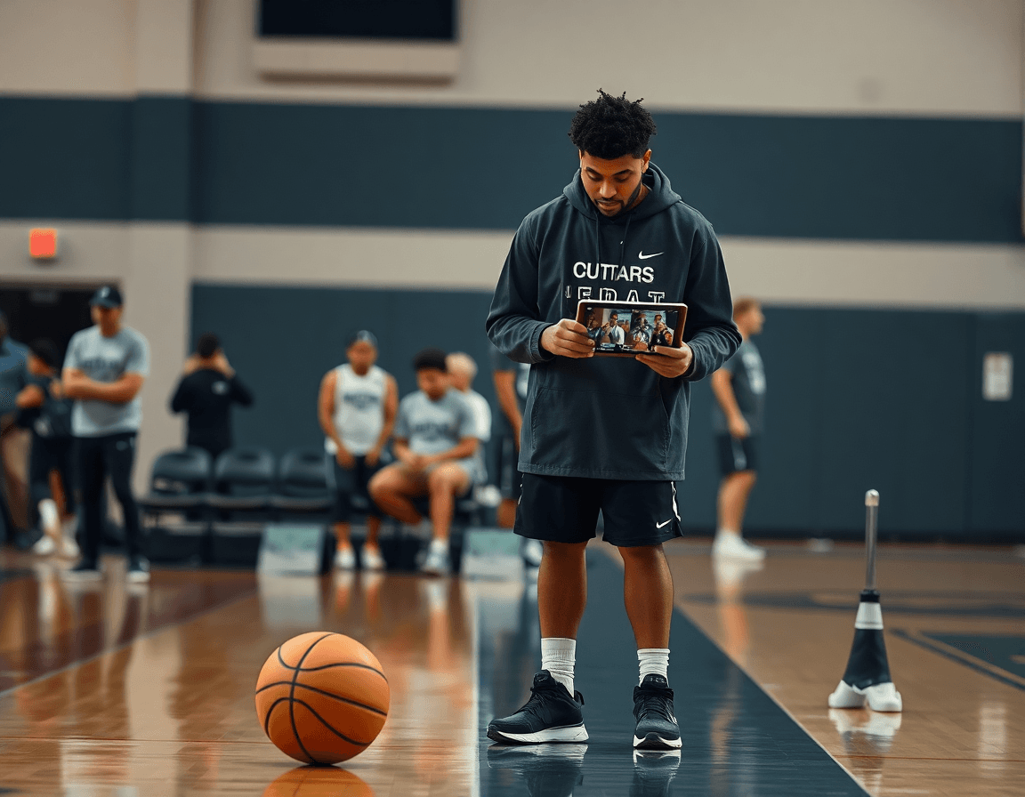 Scena laterale di basket u16 mali cote d ivoire che guarda clip su tablet durante l'allenamento.