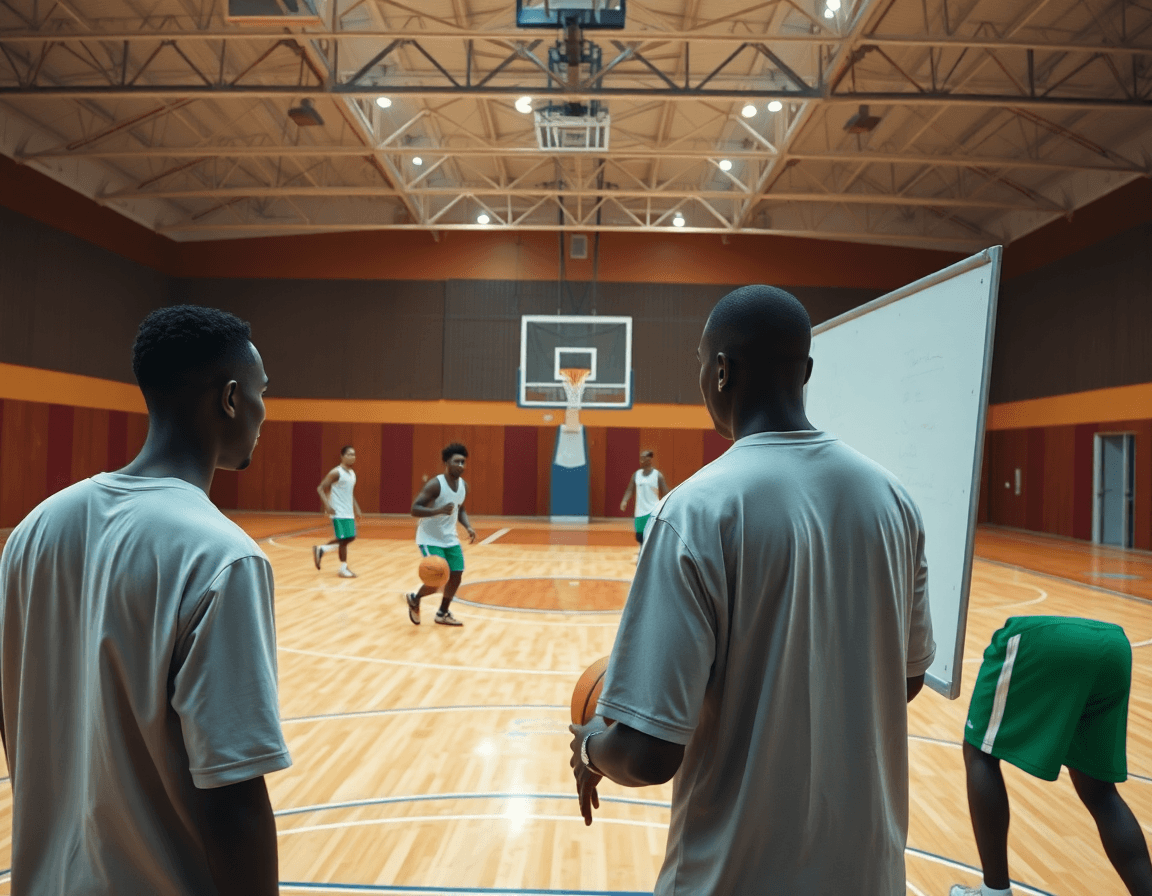 Scatto di basket u16 mali cote d ivoire durante l'allenamento in palestra, coach e giocatori sul parquet.