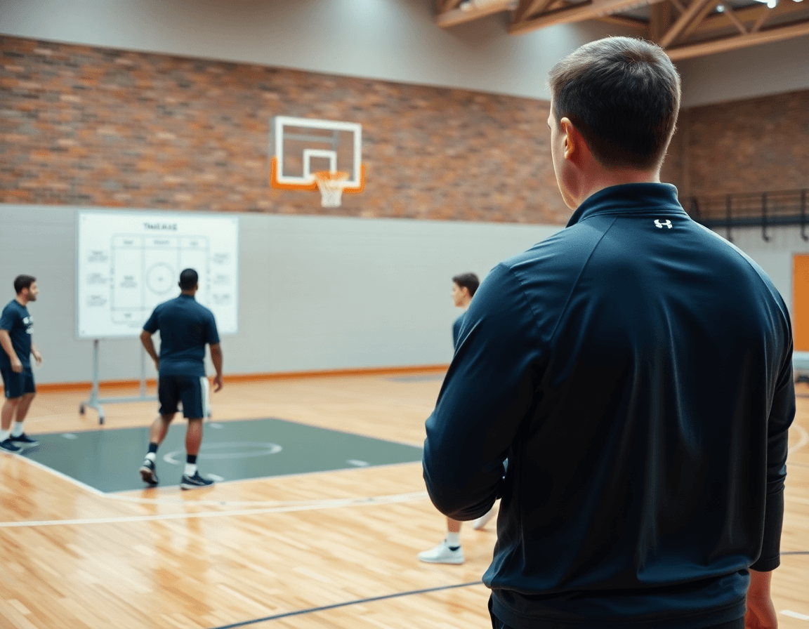 Primo piano sull'allenatore che indica la tattica durante riscaldamento basket esercizi, giocatori in allenamento.