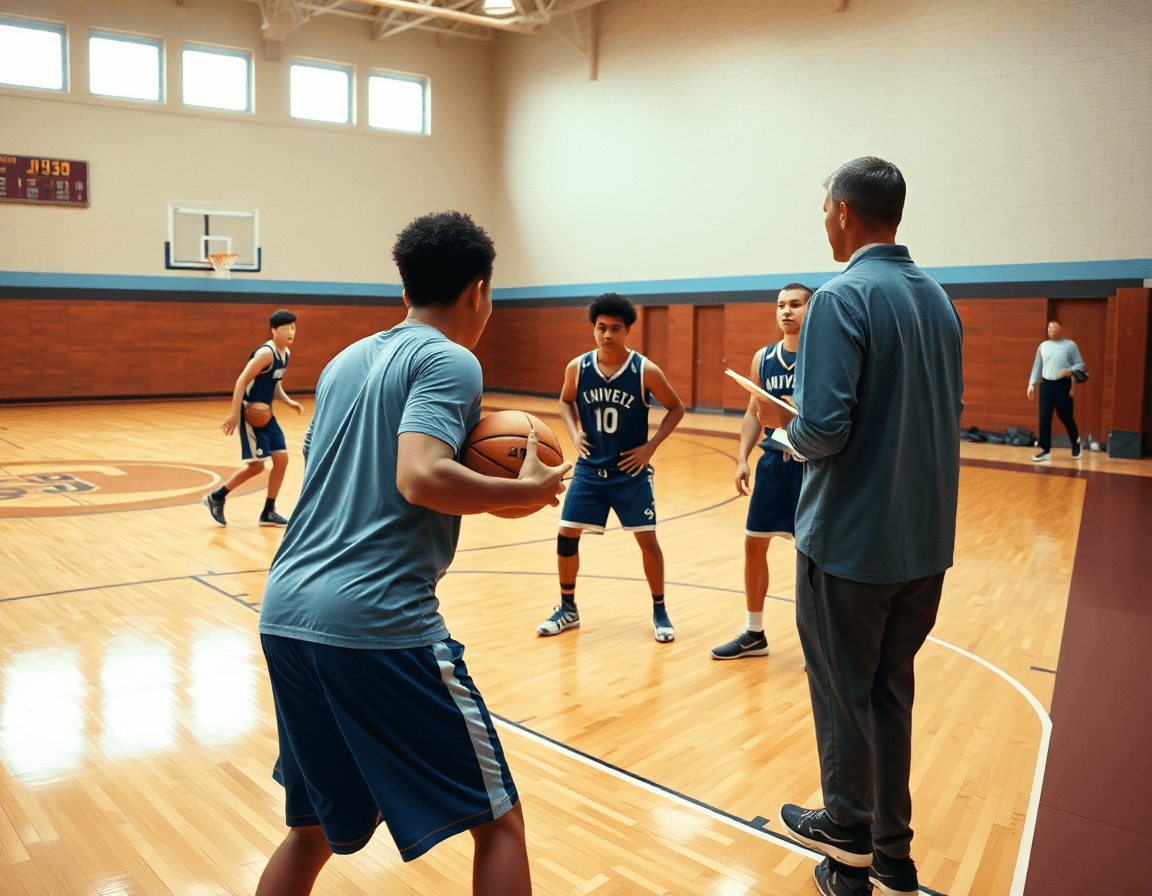 Scena di medio livello: giocatori eseguono riscaldamento palleggio sul parquet di basketball, coach osserva.