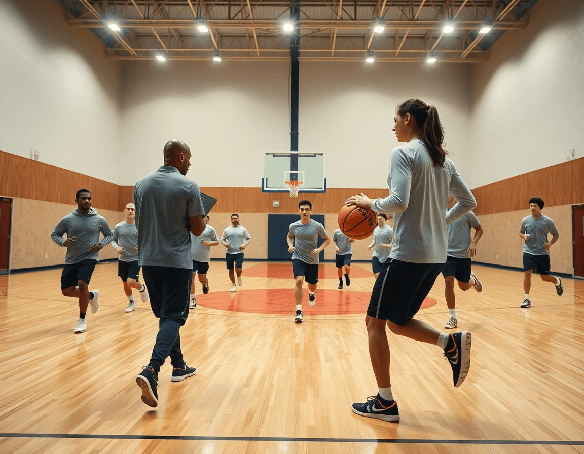 Scena ampia di una palestra di basketball, riscaldamento basket esercizi in corso con coach e squadra.