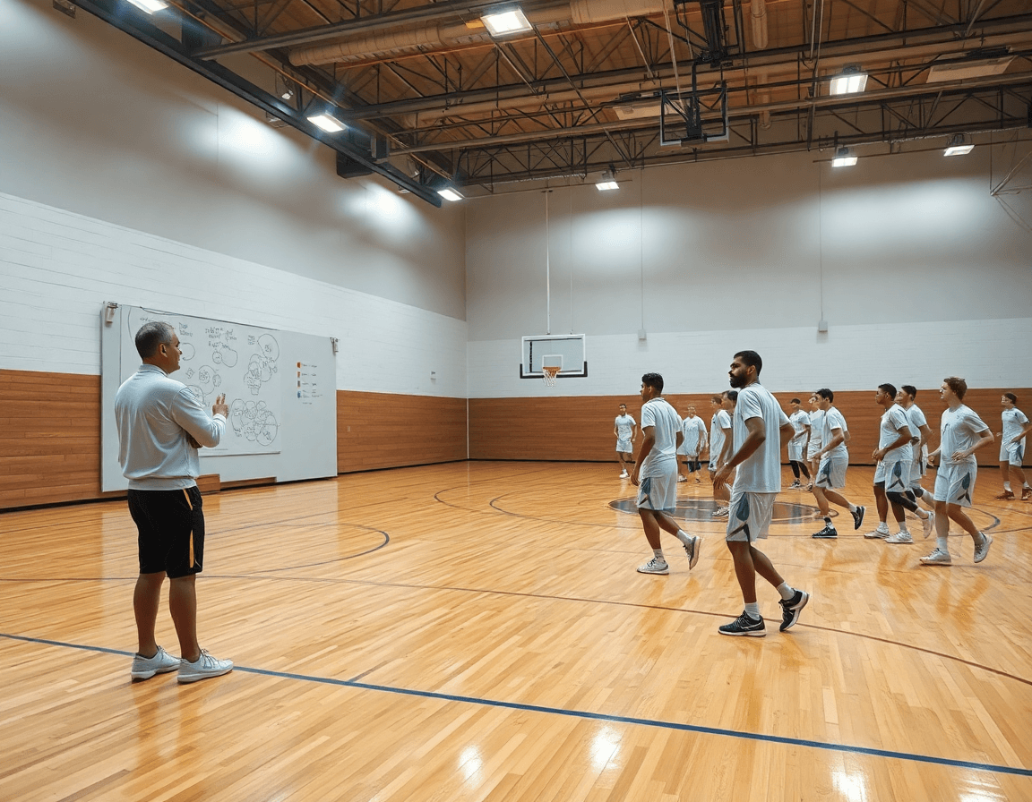 Scena ampia della lavagna basket in palestra affollata, coach e squadra al lavoro.